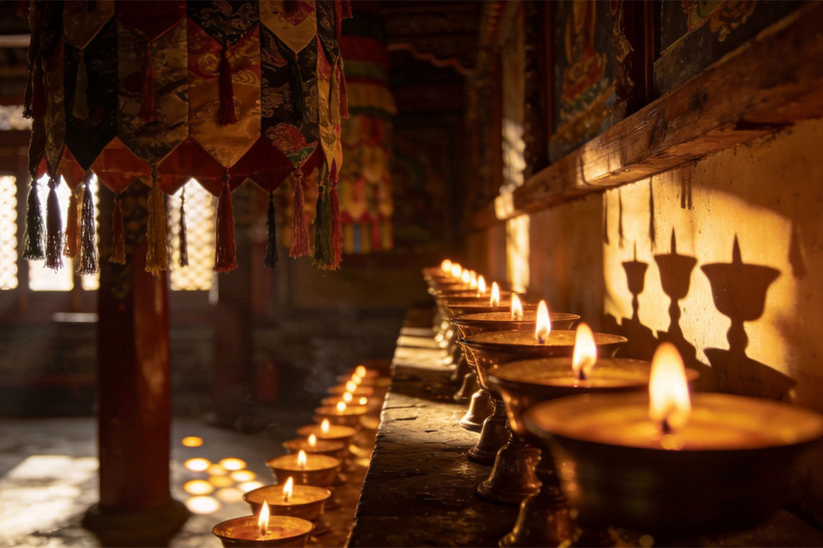 A row of glowing butter lamps in a dim Buddhist temple reflecting the inspiration for Niohe's Thangka art