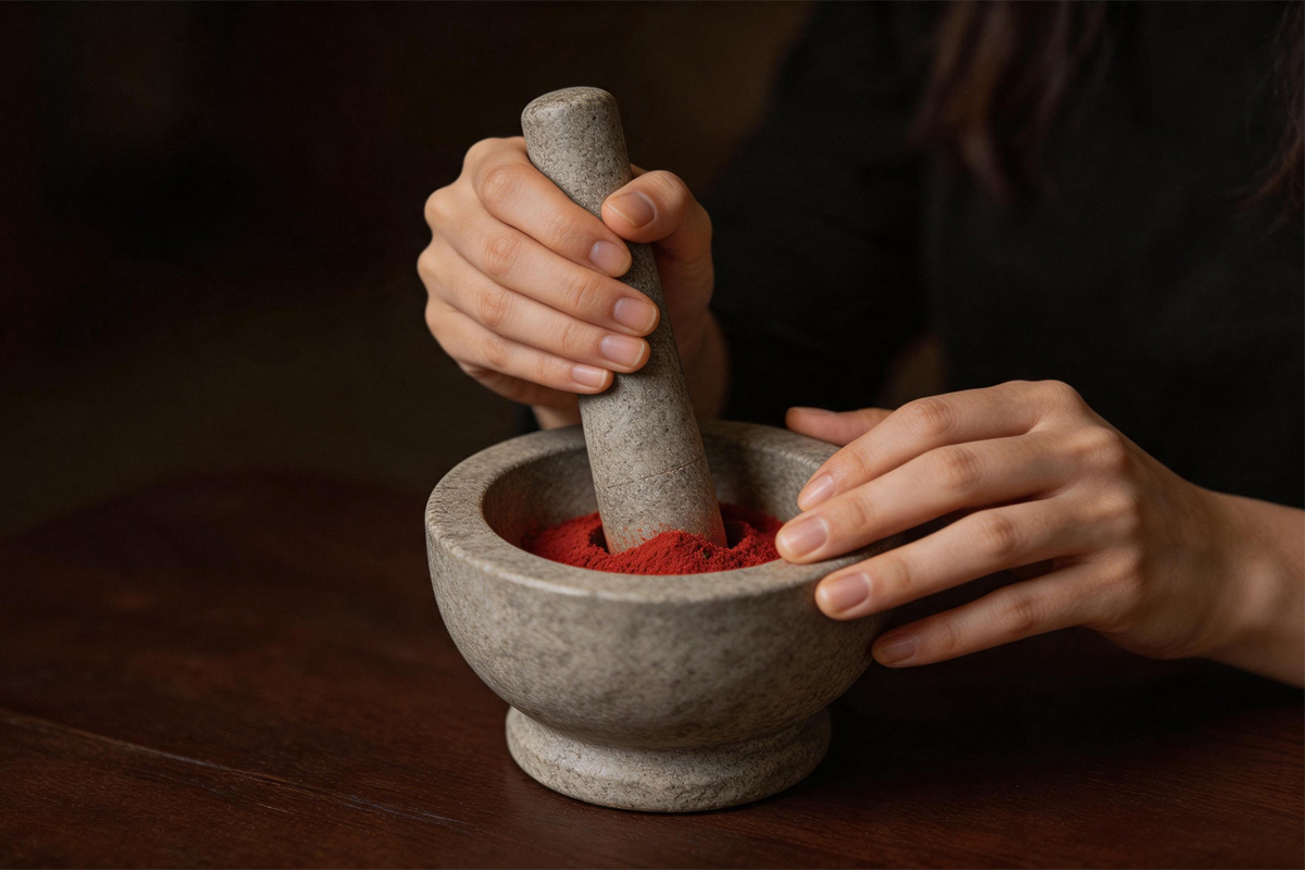 Artist Niohe grinding natural mineral pigments with mortar and pestle for Thangka painting