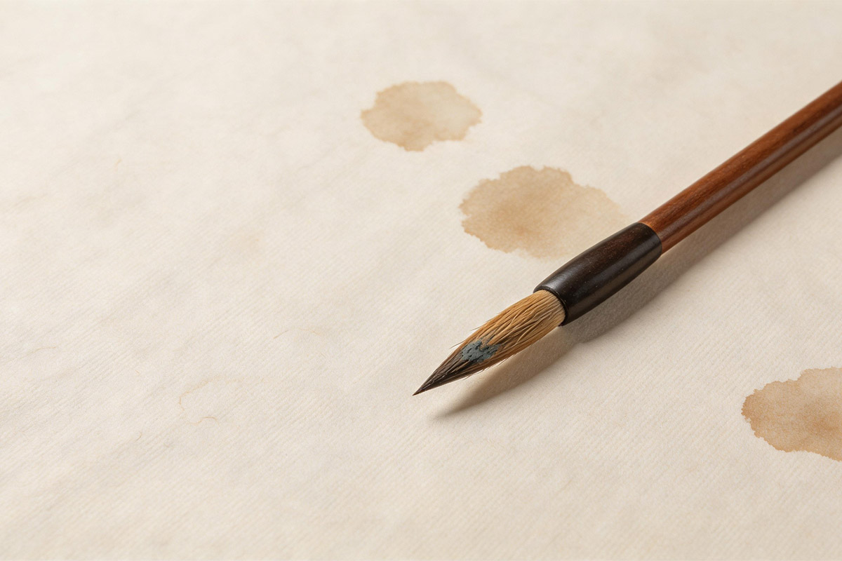 A traditional Chinese calligraphy brush resting on paper with ink traces, symbolizing the roots of Niohe's artistic journey