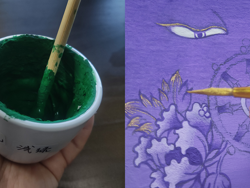 Preparing green natural mineral pigment in a porcelain bowl next to hand-painting fine gold lines on a purple Buddha artwork.
