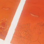 Close-up details of a hand-painted minimalist orange-red Thangka Buddha eye artwork showing intricate linework.