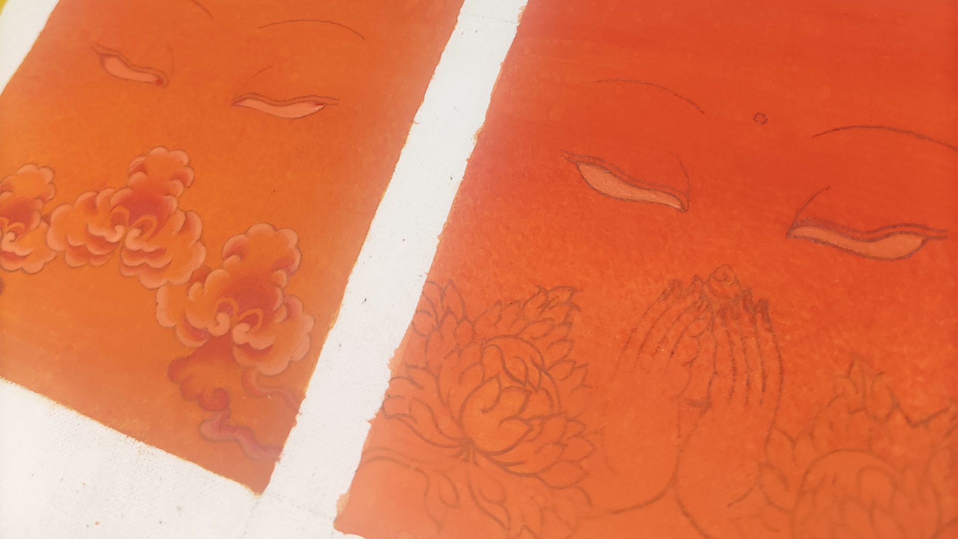 Close-up details of a hand-painted minimalist orange-red Thangka Buddha eye artwork showing intricate linework.