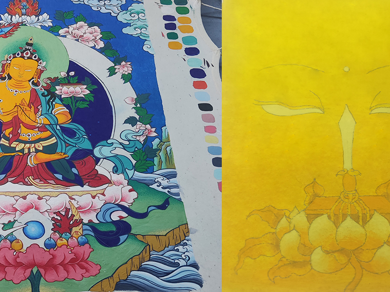A comparison between highly detailed traditional Tibetan Thangka painting and a modern, minimalist yellow Buddha eye artwork.
