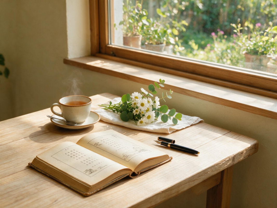 A calm everyday desk scene with a book, tea, and simple objects in soft natural light, creating a peaceful atmosphere.