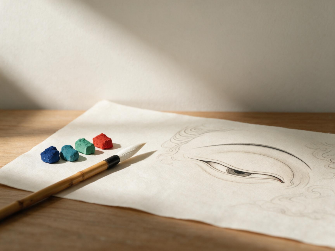 Mineral pigments, a traditional brush, and a small painted artwork arranged on a warm ivory surface in a quiet studio setting.