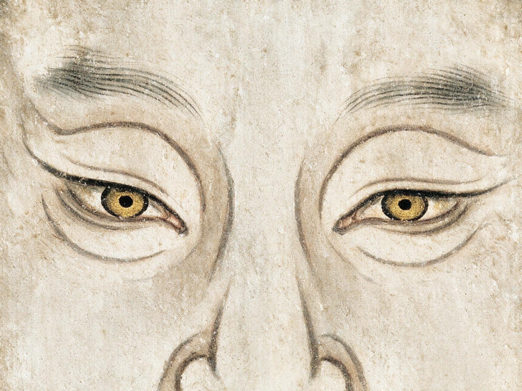 A close-up of serene Eastern-style eyes painted with subtle mineral pigments on a warm ivory background, representing awareness and quiet observation.