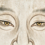 A close-up of serene Eastern-style eyes painted with subtle mineral pigments on a warm ivory background, representing awareness and quiet observation.