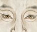 A close-up of serene Eastern-style eyes painted with subtle mineral pigments on a warm ivory background, representing awareness and quiet observation.