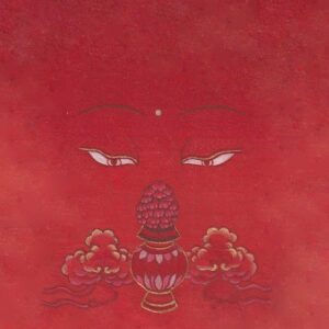 Gentle Buddha wisdom eyes with a golden third eye dot looking down at a nectar vase with flowers on a warm crimson red textured paper background.
