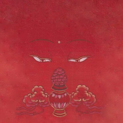 Gentle Buddha wisdom eyes with a golden third eye dot looking down at a nectar vase with flowers on a warm crimson red textured paper background.