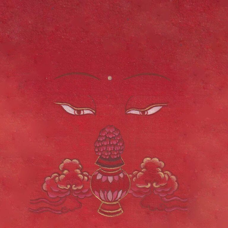 Gentle Buddha wisdom eyes with a golden third eye dot looking down at a nectar vase with flowers on a warm crimson red textured paper background.