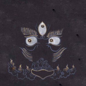 Striking three wisdom eyes of Black Dzambala with gold eyebrow flourishes and a skull bowl offering above blue-gold clouds on a textured charcoal black paper background.