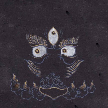 Striking three wisdom eyes of Black Dzambala with gold eyebrow flourishes and a skull bowl offering above blue-gold clouds on a textured charcoal black paper background.