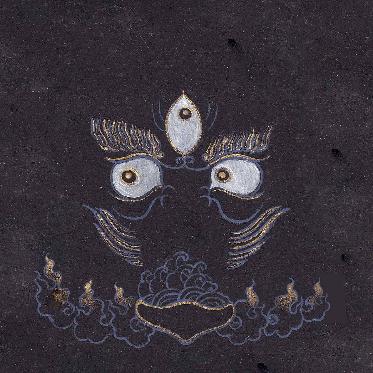 Striking three wisdom eyes of Black Dzambala with gold eyebrow flourishes and a skull bowl offering above blue-gold clouds on a textured charcoal black paper background.