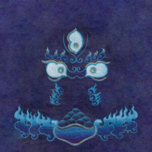 Intense white and gold wisdom eyes of Black Dzambala with a fiery third eye and a skull bowl offering above blue flames on a rich royal blue textured paper background.
