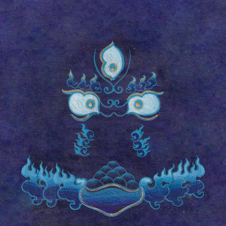 Intense white and gold wisdom eyes of Black Dzambala with a fiery third eye and a skull bowl offering above blue flames on a rich royal blue textured paper background.