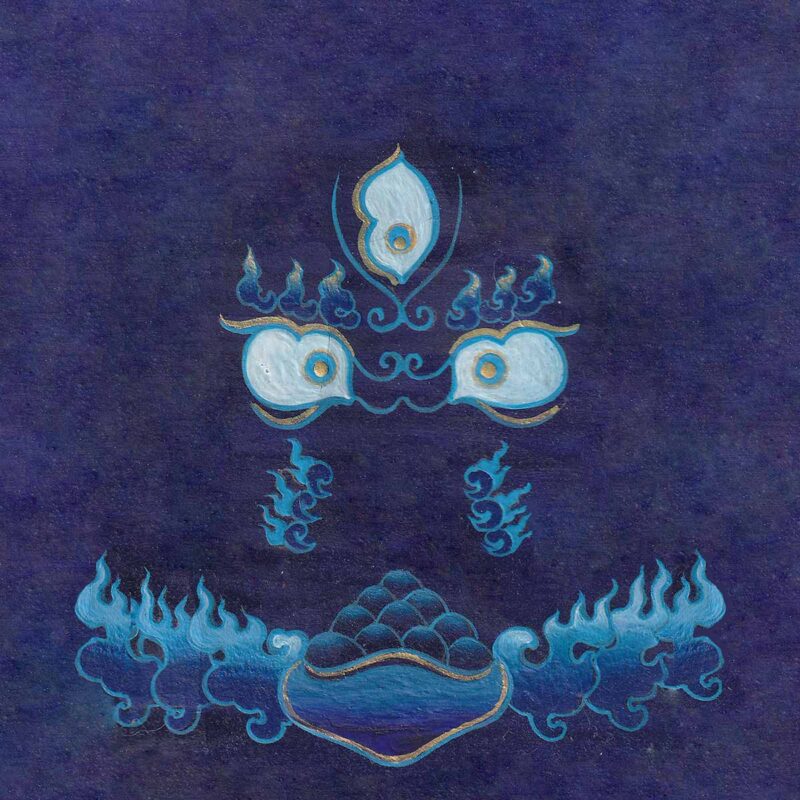 Intense white and gold wisdom eyes of Black Dzambala with a fiery third eye and a skull bowl offering above blue flames on a rich royal blue textured paper background.