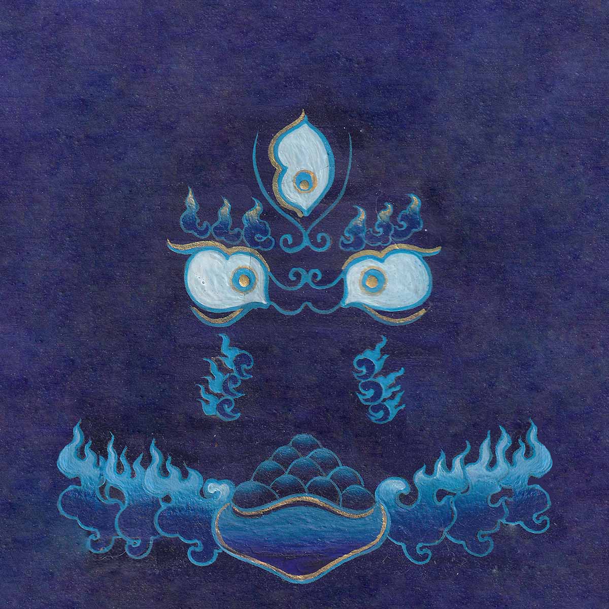 Intense white and gold wisdom eyes of Black Dzambala with a fiery third eye and a skull bowl offering above blue flames on a rich royal blue textured paper background.