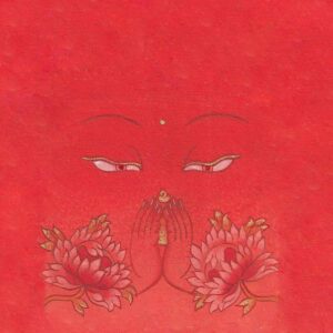 Gentle Buddha wisdom eyes with golden praying hands and blooming red-gold lotus flowers on a vibrant warm orange textured background.