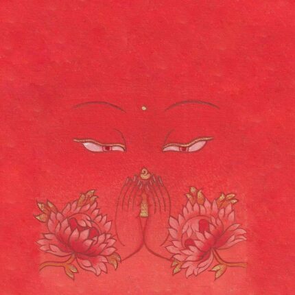 Gentle Buddha wisdom eyes with golden praying hands and blooming red-gold lotus flowers on a vibrant warm orange textured background.