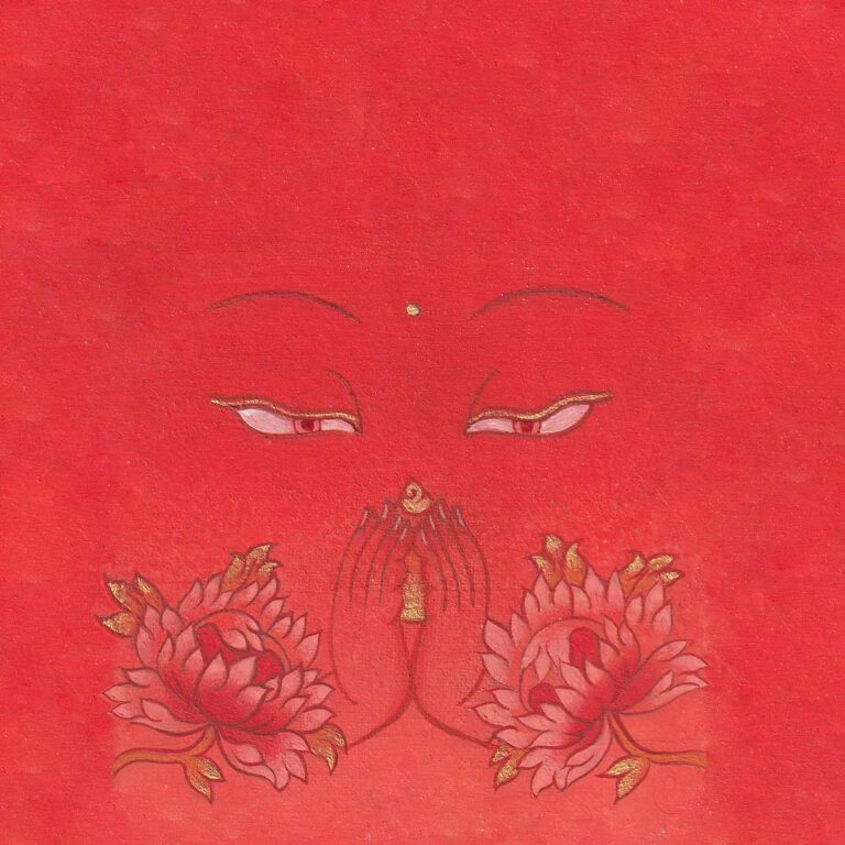 Gentle Buddha wisdom eyes with golden praying hands and blooming red-gold lotus flowers on a vibrant warm orange textured background.
