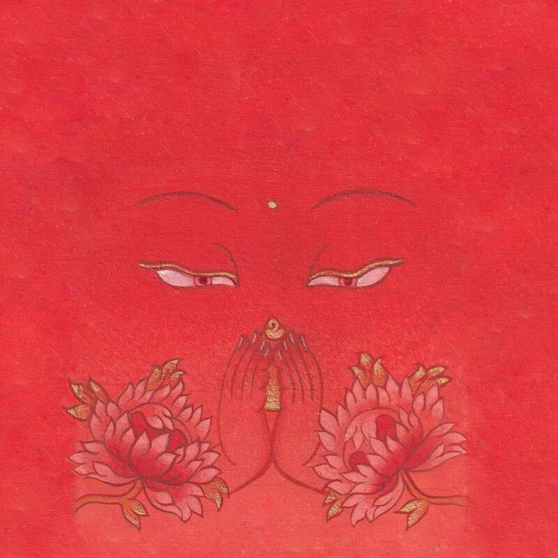 Gentle Buddha wisdom eyes with golden praying hands and blooming red-gold lotus flowers on a vibrant warm orange textured background.