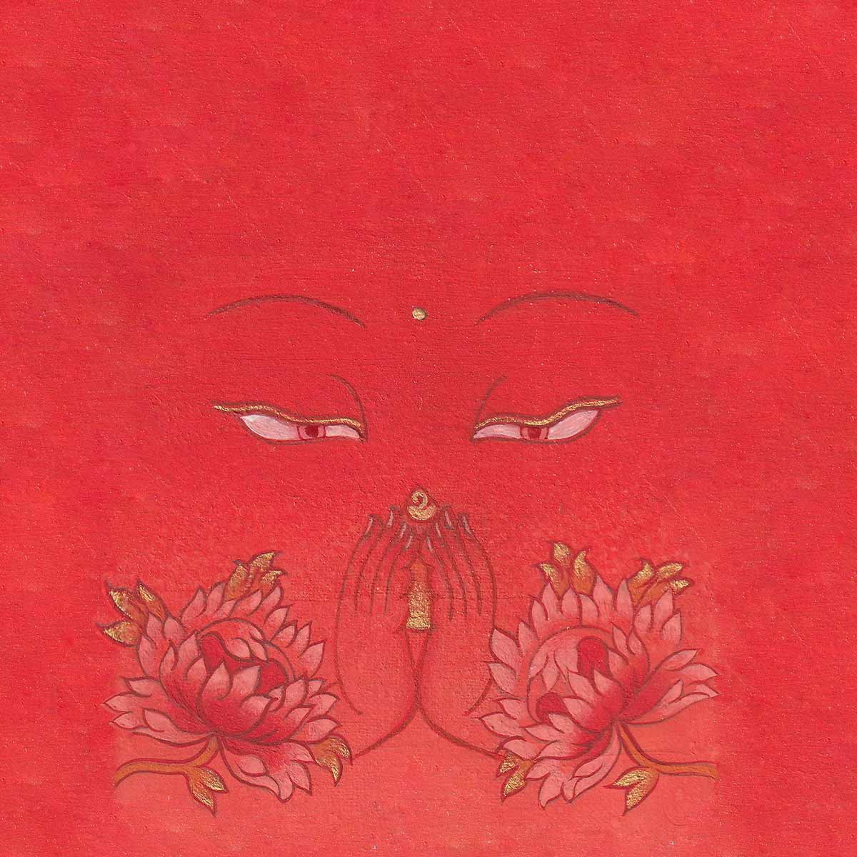 golden-ink-arts-chenrezig-buddha-eyes-orange-mudra-wallpaper Gentle Buddha wisdom eyes with golden praying hands and blooming red-gold lotus flowers on a vibrant warm orange textured background.