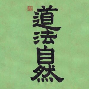 Four Chinese characters Dao Fa Zhi Ran written in vertical clerical script calligraphy on a soft green textured paper background with a red seal stamp.