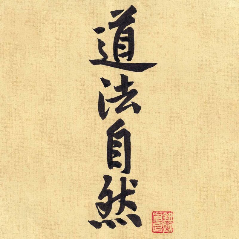 Four Chinese characters Dao Fa Zhi Ran rendered in flowing semi-cursive script calligraphy on cream-colored textured paper with a red artist seal.