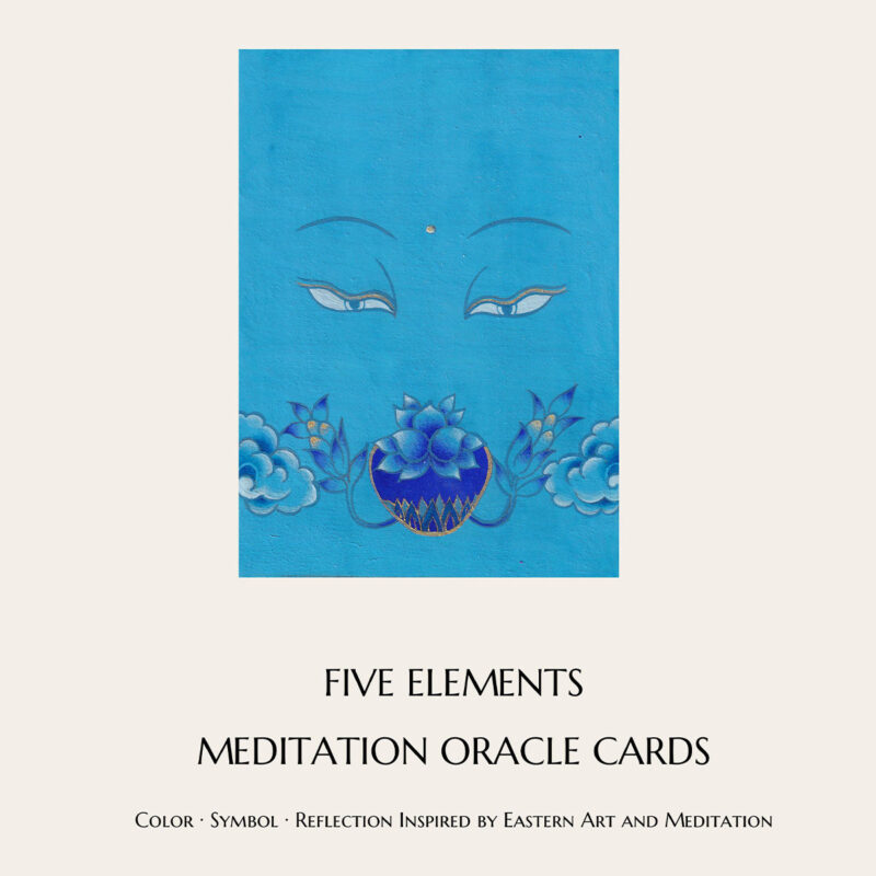 Cover design of Five Elements Meditation Oracle Cards by Golden Ink Arts featuring serene Buddha eyes and lapis lotus bowl on azure background.