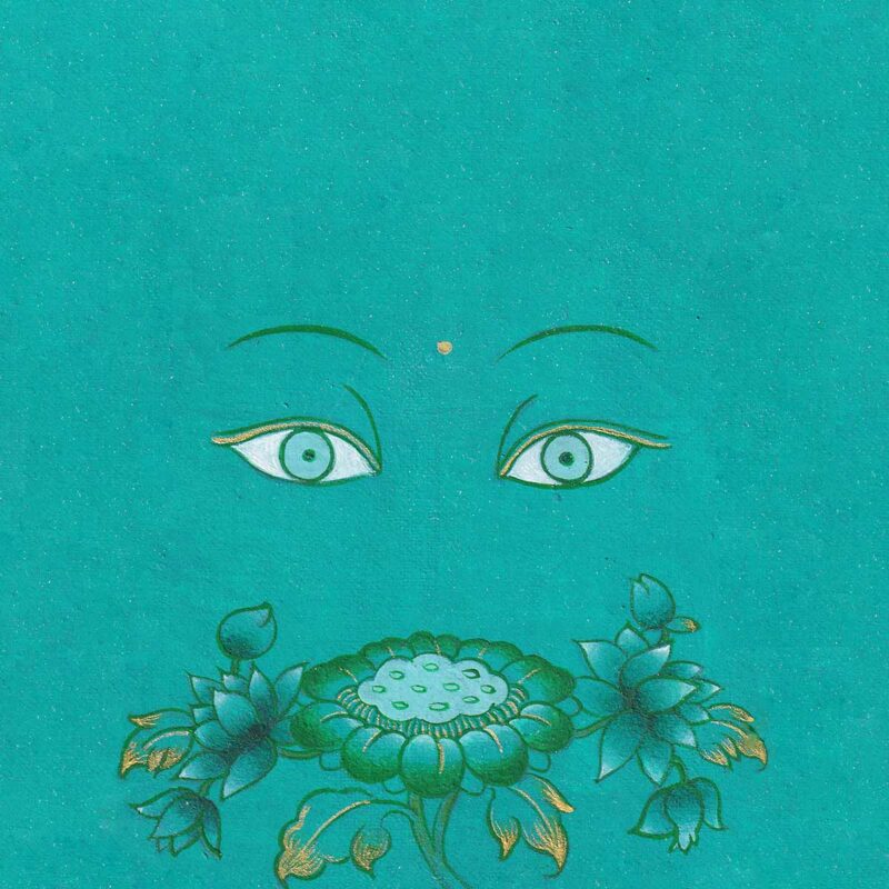 Gentle, compassionate Buddha eyes looking at blooming night lotus flowers with gold leaf accents on a vibrant turquoise green textured paper background.