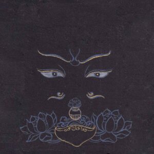 Serene blue-outlined eyes of Guru Rinpoche above a vase, skull cup, and lotus blossoms with delicate gold line accents on a dark textured black paper background.