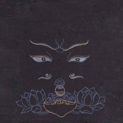Serene blue-outlined eyes of Guru Rinpoche above a vase, skull cup, and lotus blossoms with delicate gold line accents on a dark textured black paper background.