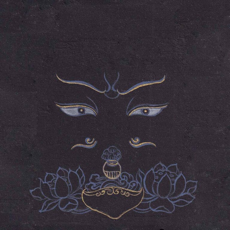 Serene blue-outlined eyes of Guru Rinpoche above a vase, skull cup, and lotus blossoms with delicate gold line accents on a dark textured black paper background.