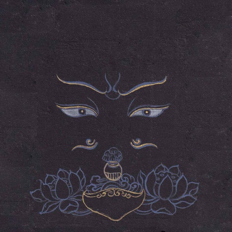 Serene blue-outlined eyes of Guru Rinpoche above a vase, skull cup, and lotus blossoms with delicate gold line accents on a dark textured black paper background.