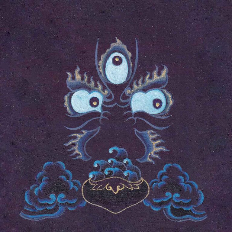 Wrathful wisdom eyes of Mahakala with a fiery third eye and stylized blue clouds with a skull bowl motif on a deep indigo textured paper background.