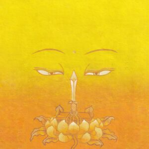 Peaceful Buddha eyes looking at a flaming wisdom sword rising from a lotus and sacred sutra book on a bright radiant yellow textured paper background.