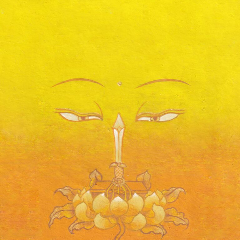 Peaceful Buddha eyes looking at a flaming wisdom sword rising from a lotus and sacred sutra book on a bright radiant yellow textured paper background.