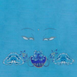 Serene blue Buddha eyes looking softly down at a lapis-blue medicine bowl adorned with lotus petals and cloud motifs on an azure blue textured background.