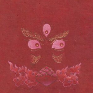 Expressive pink and gold wisdom eyes of Red Dzambala with a third eye and jewel offering bowl on a deep crimson red textured paper background.