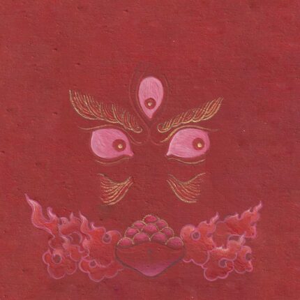 Expressive pink and gold wisdom eyes of Red Dzambala with a third eye and jewel offering bowl on a deep crimson red textured paper background.