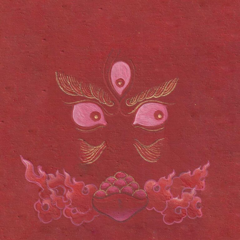 Expressive pink and gold wisdom eyes of Red Dzambala with a third eye and jewel offering bowl on a deep crimson red textured paper background.