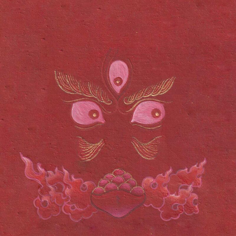 Expressive pink and gold wisdom eyes of Red Dzambala with a third eye and jewel offering bowl on a deep crimson red textured paper background.
