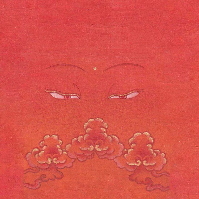 Serene Buddha eyes drawn with gold line accents over stylized golden clouds on a warm vibrant vermilion orange textured paper background.