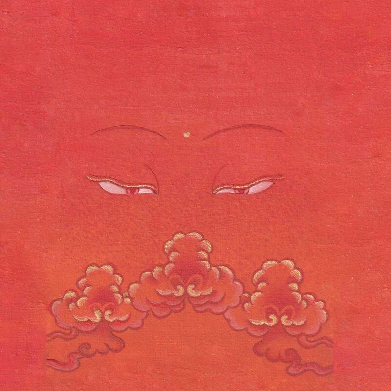 Serene Buddha eyes drawn with gold line accents over stylized golden clouds on a warm vibrant vermilion orange textured paper background.