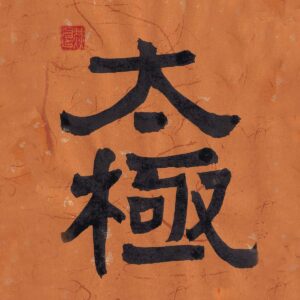 Two Chinese characters Taiji rendered in structured clerical script calligraphy in black ink on a warm terracotta orange background with fiber textures and a red artist seal.