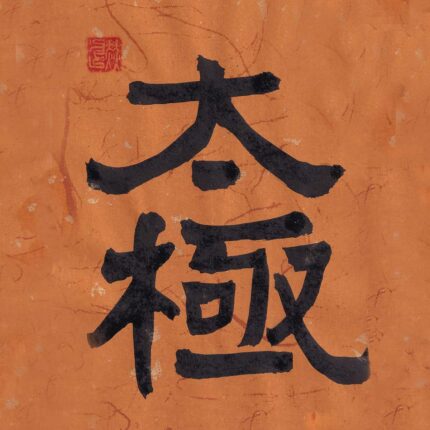 Two Chinese characters Taiji rendered in structured clerical script calligraphy in black ink on a warm terracotta orange background with fiber textures and a red artist seal.