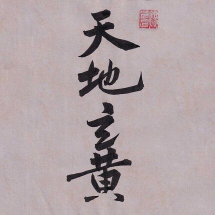 Four Chinese characters Tian Di Xuan Huang written in vertical semi-cursive script calligraphy on warm muted gray-pink textured paper with a red seal stamp.