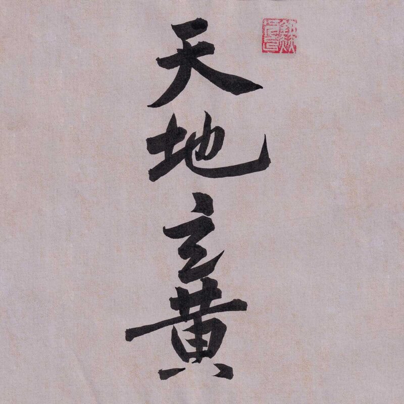Four Chinese characters Tian Di Xuan Huang written in vertical semi-cursive script calligraphy on warm muted gray-pink textured paper with a red seal stamp.