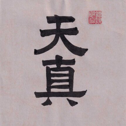 Two Chinese characters Tian Zhen written vertically in balanced clerical script calligraphy in black ink on light textured paper with a red artist seal at the top right.